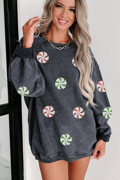 Gray Christmas Candy Sequin Graphic Ribbed Corded Baggy Sweatshirt