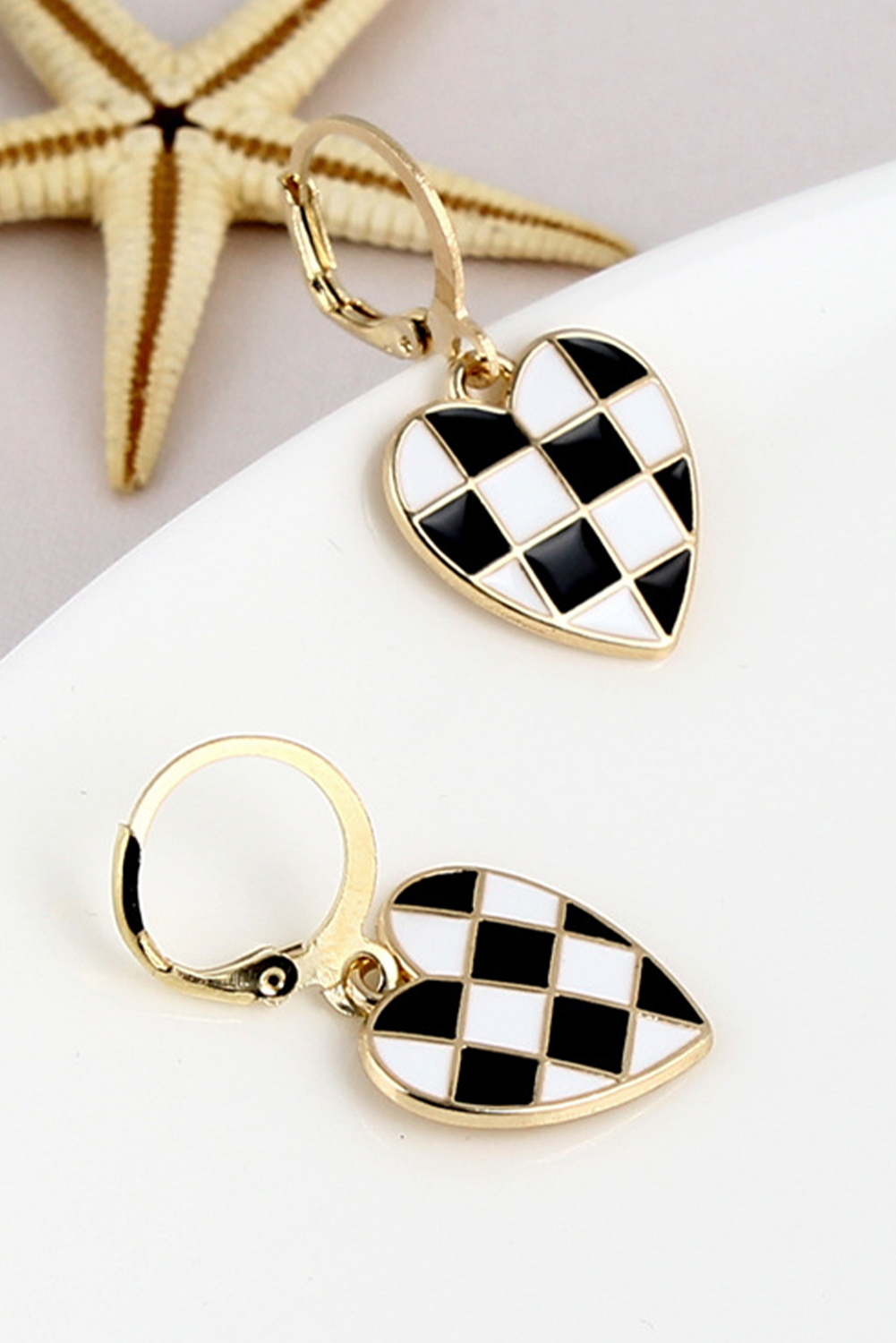 Black Checkered Heart Shape Hoop Dangle Earrings