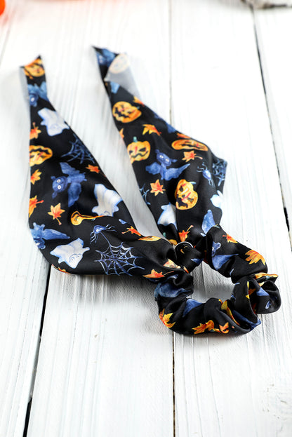 Bristol Black Halloween Pumpkin Face Printed Satin Scrunch Hair Tie