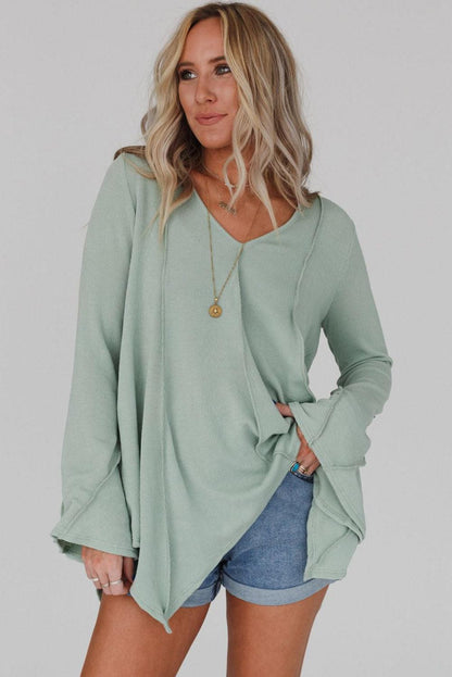 Ribbed Expose Seam Bell Sleeve Top - L & M Kee, LLC