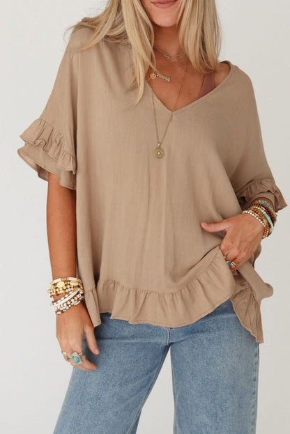 Light French Beige Loose Ruffled V Neck Blouse - L & M Kee, LLC