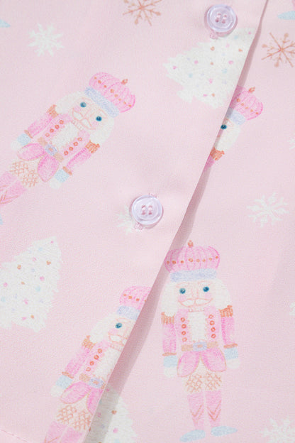 Pink Bow Tie Front Christmas Nutcracker Long Sleeve Shirt Shorts Pajama Set