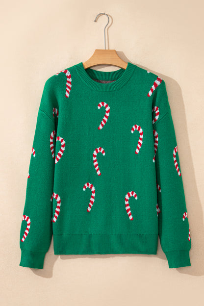 Racing Red Christmas Candy Cane Holiday Drop Shoulder Sweater