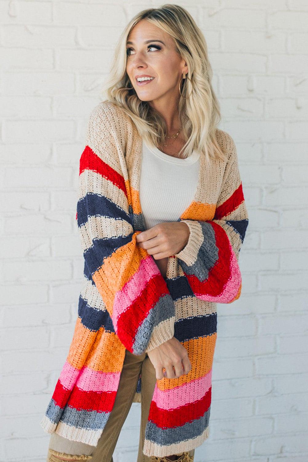 Stripes Knitted Balloon Sleeve Open Cardigan - L & M Kee, LLC