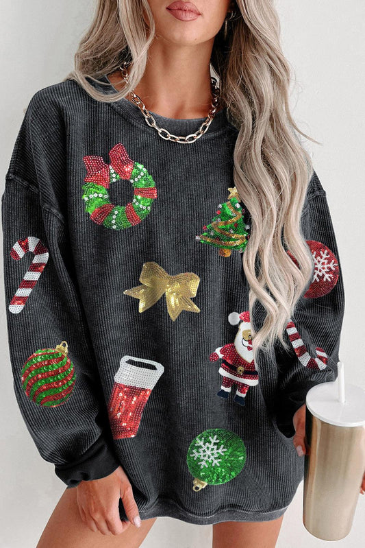 Black Sequined Christmas Graphic Corded Sweatshirt - L & M Kee, LLC