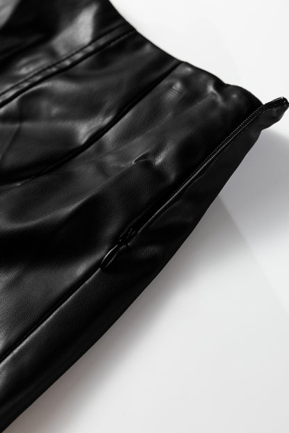 Black Faux Leather Retro Buckle Detail Pleated Stitch Flared Midi Skirt