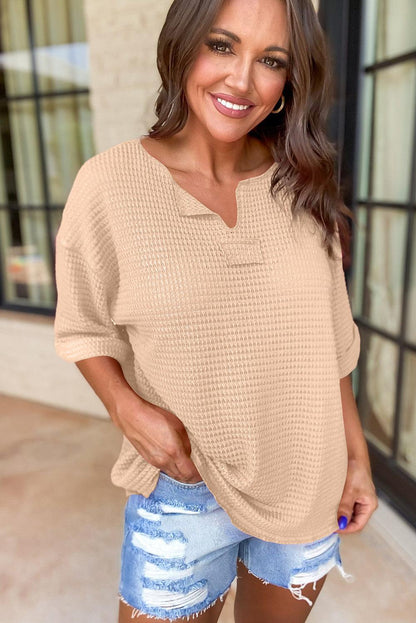 Parchment Textured Knit Split Neck Cuffed Short Sleeve Top - L & M Kee, LLC