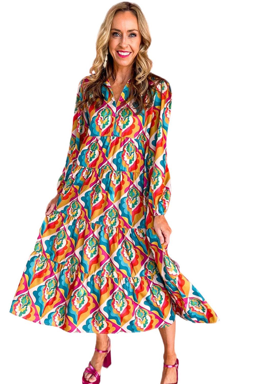 Multicolor Abstract Geometric Print Long Sleeve High Waist Dress - L & M Kee, LLC