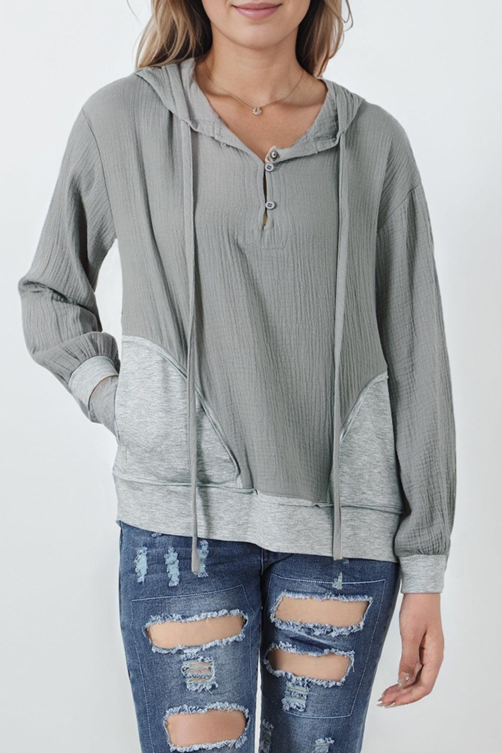 Gray Contrast Patchwork Pullover Casual Hoodie - L & M Kee, LLC