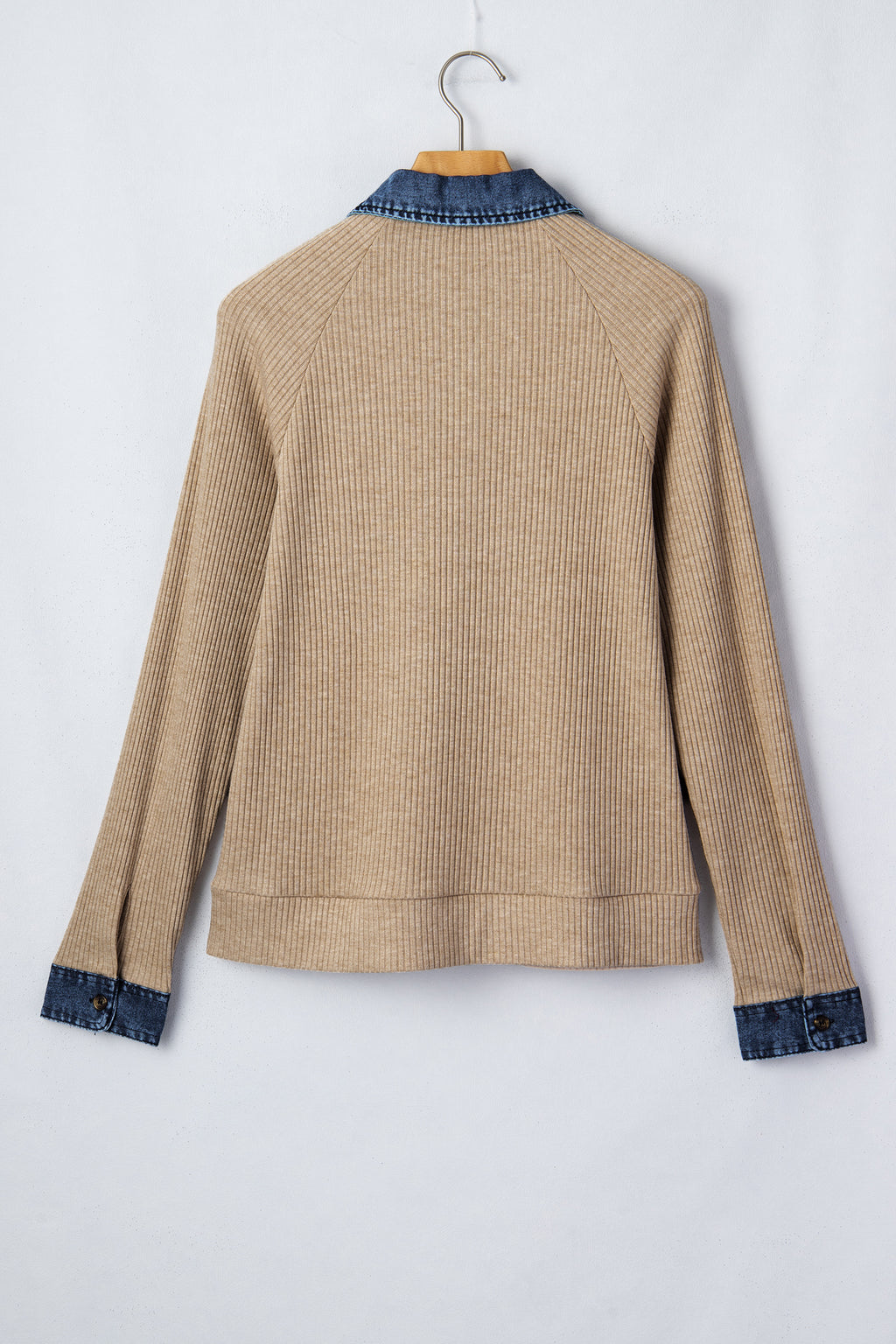 Beige Ribbed Knit Denim Patchwork Button Polo Collar Cuffed Long Sleeve Top