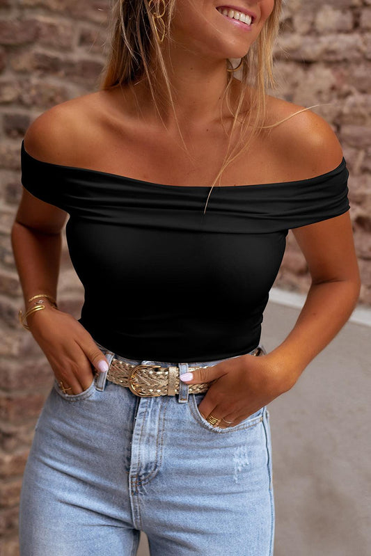 Black Folded Off Shoulder Slim Top - L & M Kee, LLC