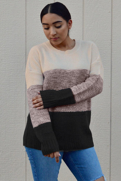 Gray Color Block Netted Texture Pullover Sweater - L & M Kee, LLC