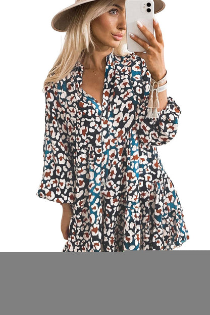 Blue Leopard Print Bubble Sleeve Ruffled Shirt Dress - L & M Kee, LLC