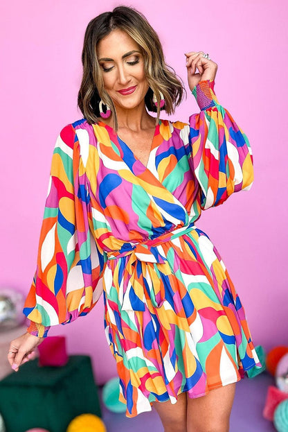 Multicolor Abstract Printed Belted Puff Sleeve Mini Dress - L & M Kee, LLC