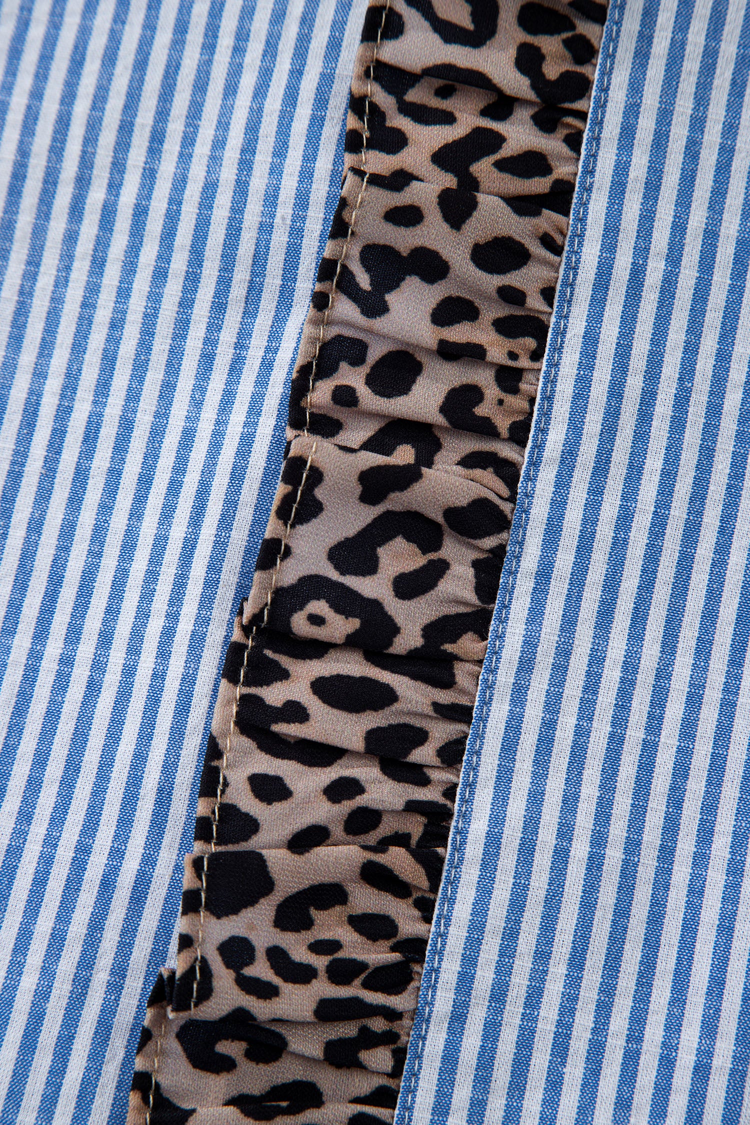 Sky Blue Stripe Contrast Frilled Leopard Trim Casual Long Sleeve Shirt