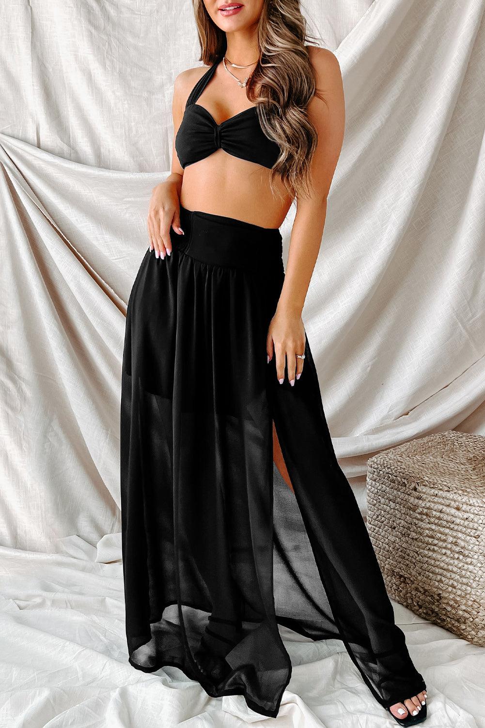 Black Shirred High Waist Chiffon Split Beach Maxi Skirt - L & M Kee, LLC