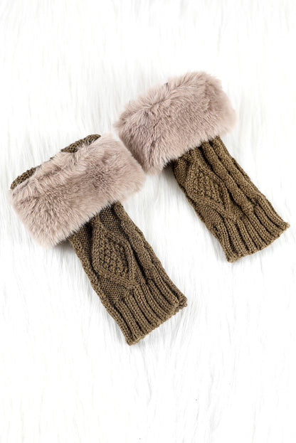 Camel Faux Fur Detail Fingerless Textured Knitted Gloves