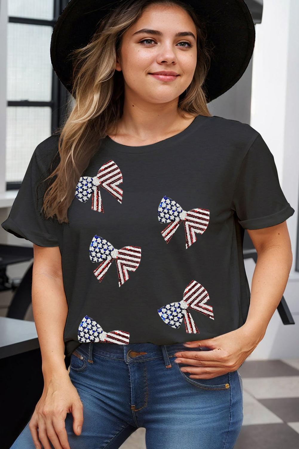 Black Sequined American Flag Bow Knot Plus Size Top