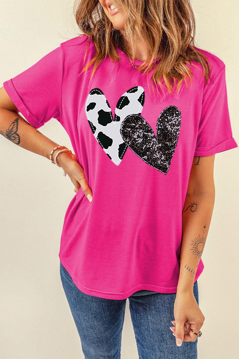 Rose Red Sequined Double Heart Graphic Crewneck T Shirt