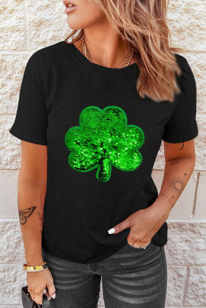 Black Sequin Clover Embroidered Round Neck Graphic Tee - L & M Kee, LLC