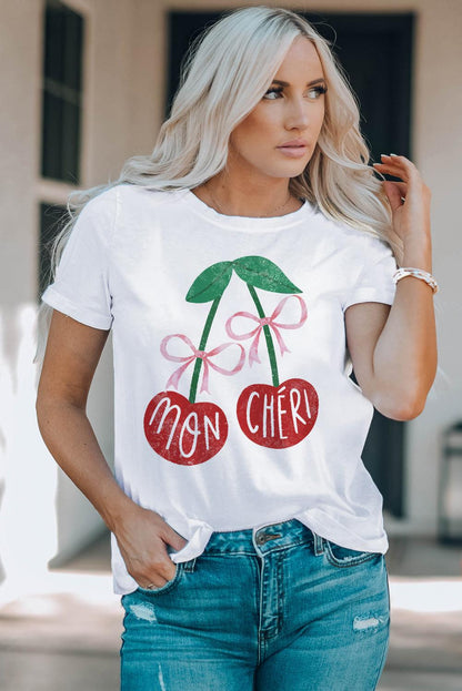 White MON CHERI Cherry Graphic Crewneck T shirt - L & M Kee, LLC