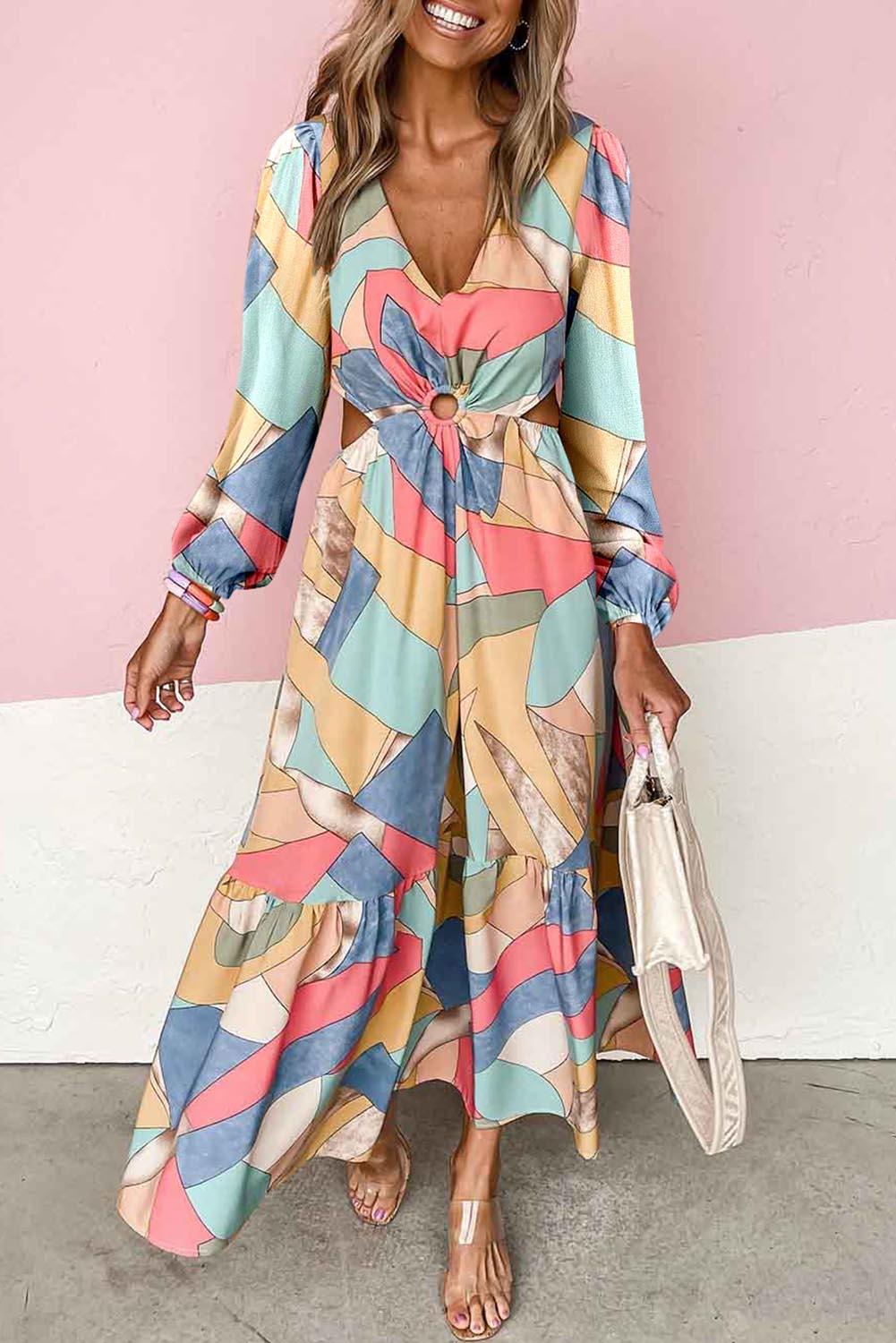 Multicolor Abstract Print O-ring Cut out Long Sleeve Maxi Dress - L & M Kee, LLC