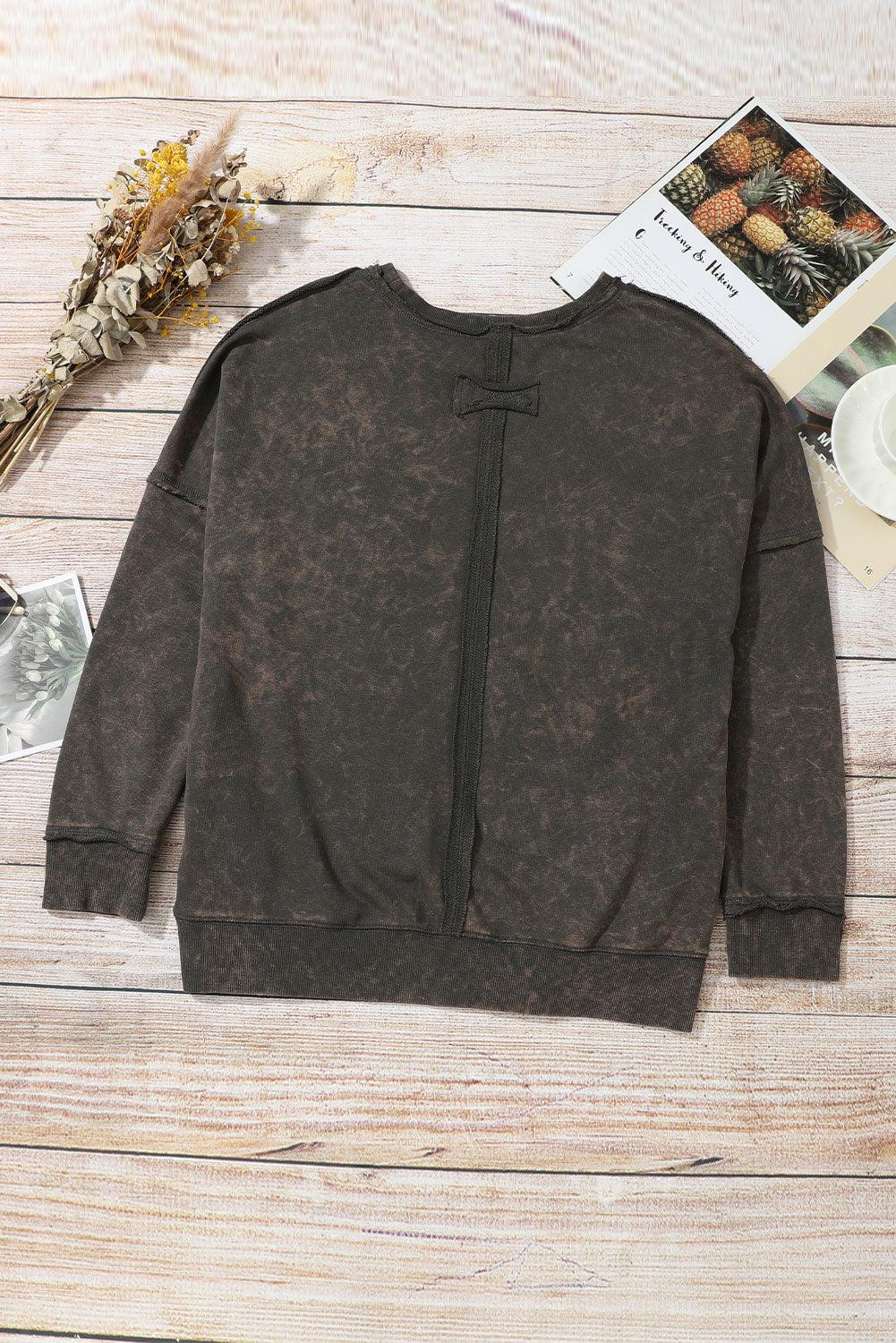 Gray Acid Wash Drop Shoulder Long Sleeve Sweatshirt with Pockets - L & M Kee, LLC