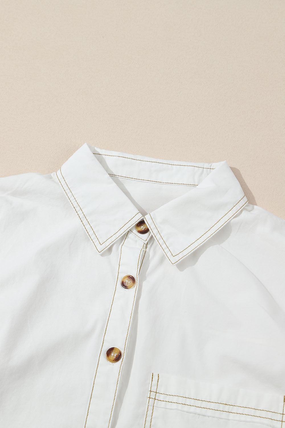 White Drop Shoulder Bubble Sleeve Pocketed Shirt - L & M Kee, LLC