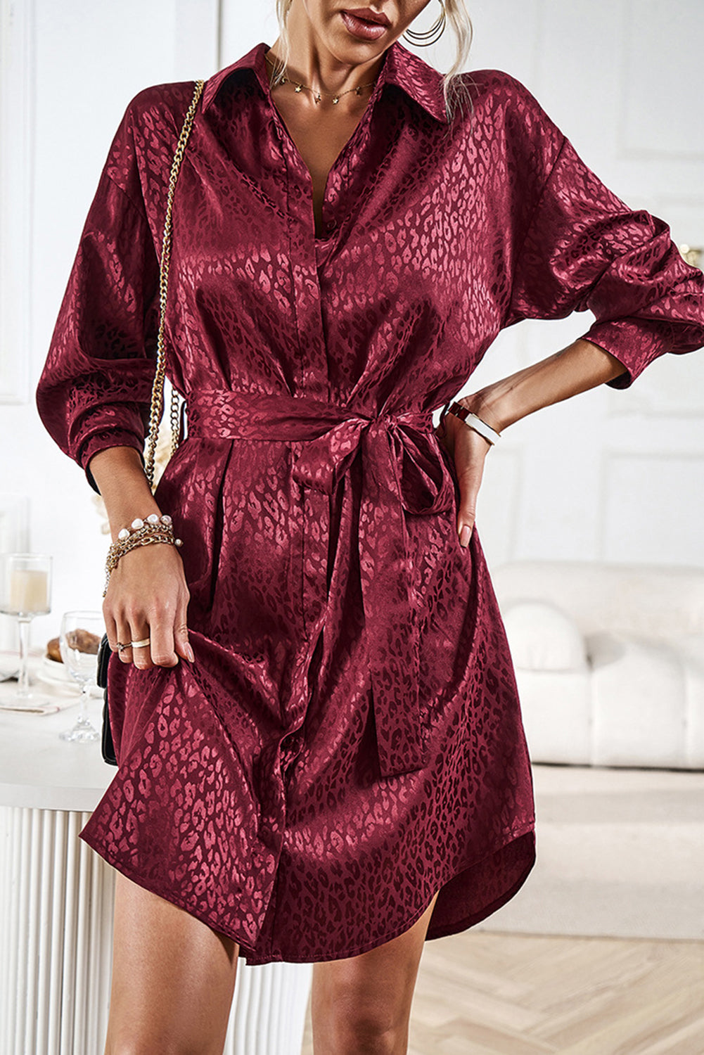 Burgundy Sleek Leopard Long Sleeve Tie Waist Shirt Dress