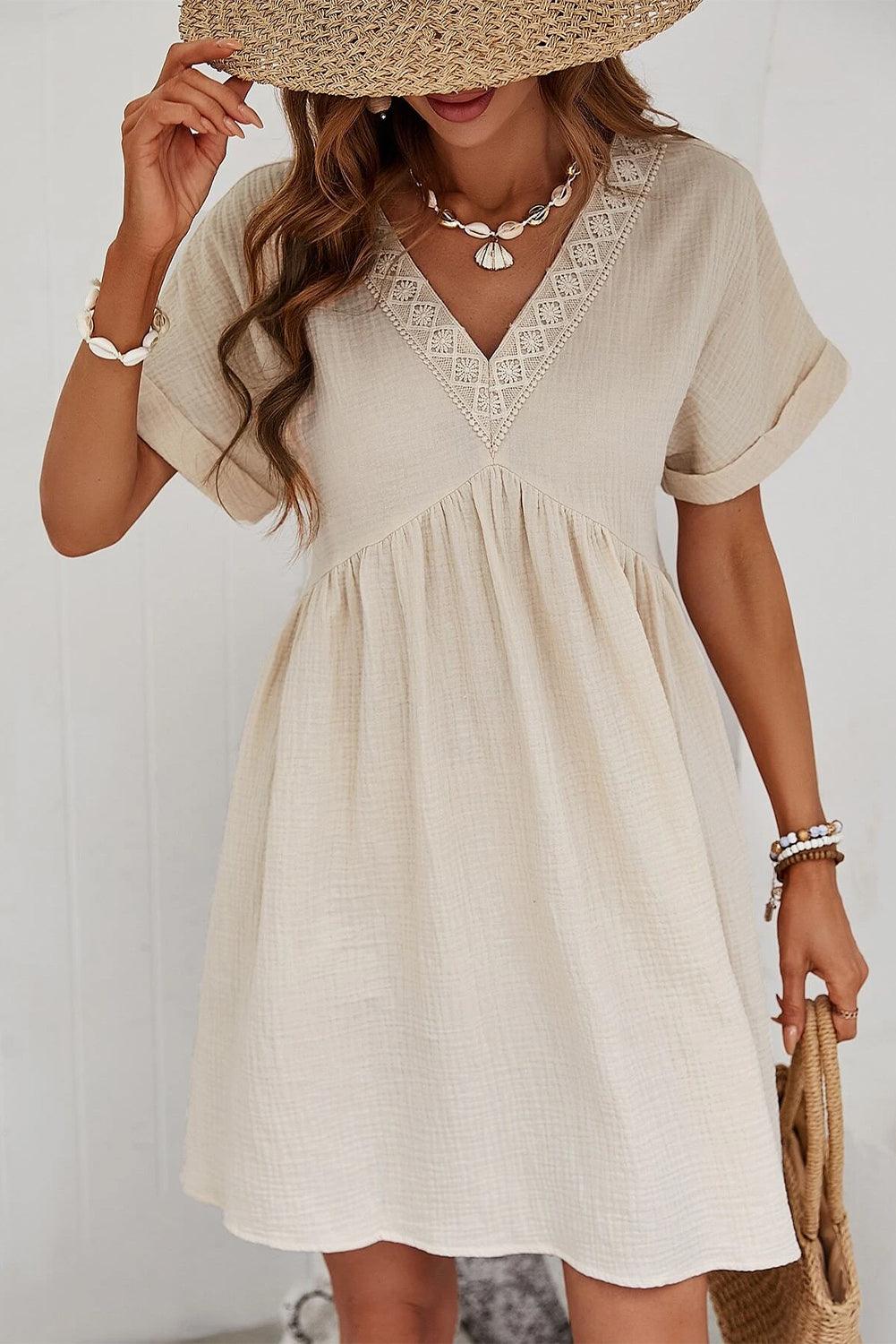 Beige Folded Short Sleeve Lace V Neck Mini Dress - L & M Kee, LLC