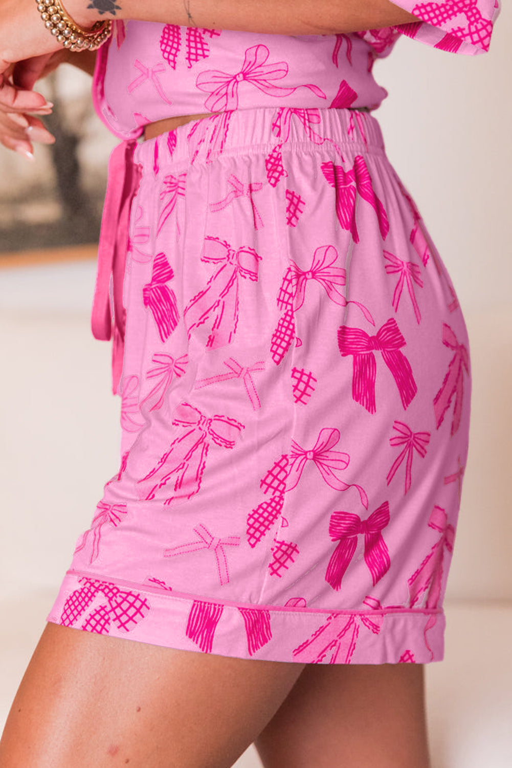 Pink Bow Print Half Sleeve Shirt and Shorts Pajamas Set