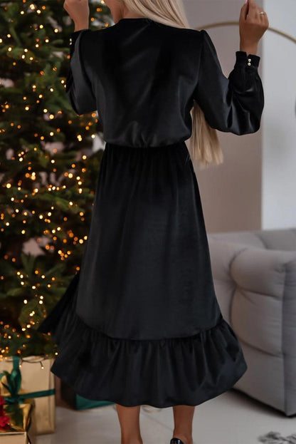 Black Velvet Buttoned Puff Sleeve V Neck Split Midi Dress - L & M Kee, LLC