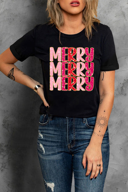 Black Heat Transfer Printing MERRY Letter Christmas Graphic Tee