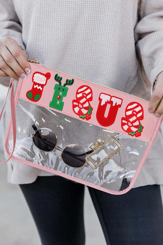 Pink Christmas Pattern Embroidered Clear PVC Clutch Bag - L & M Kee, LLC