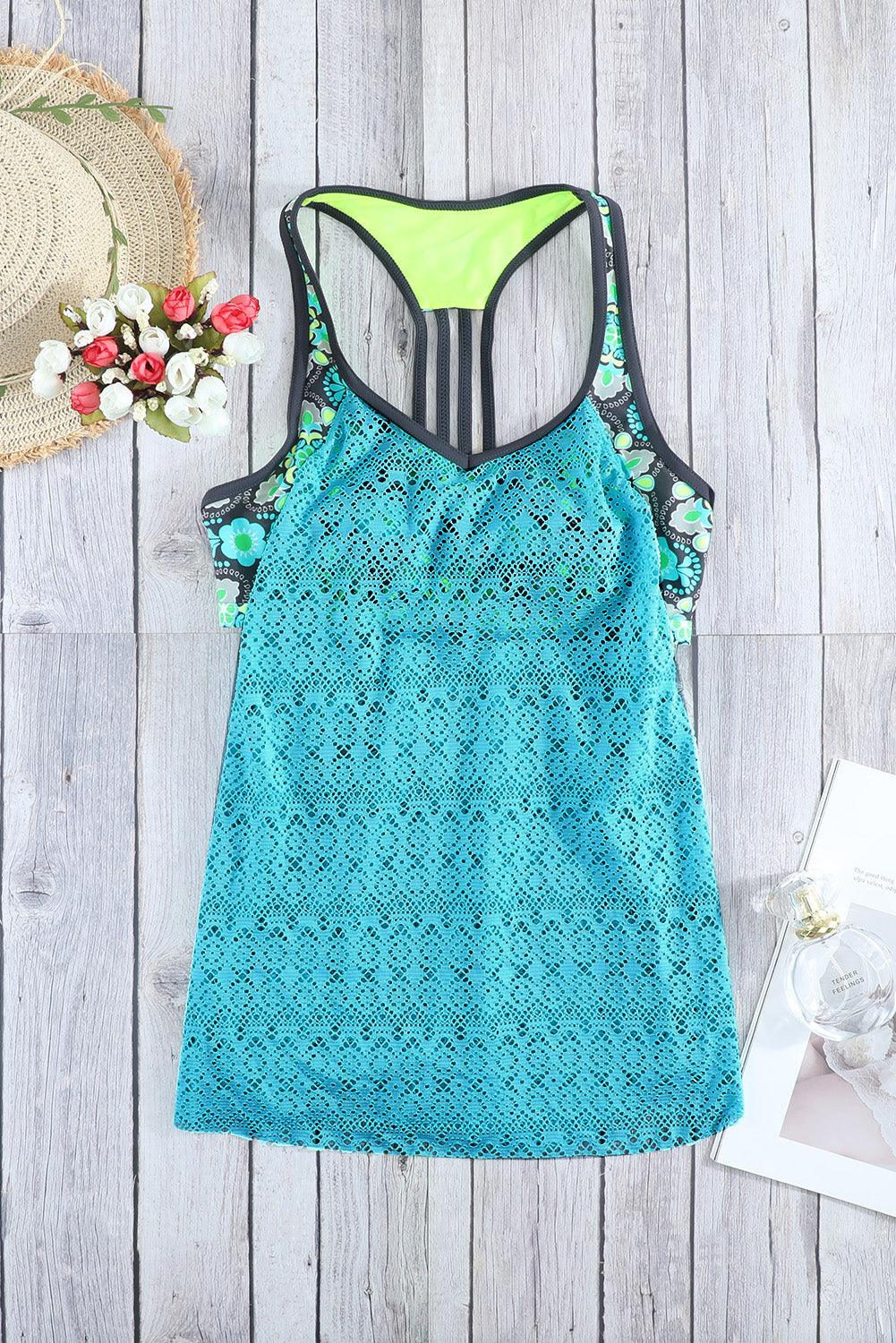 Green Printed Patchwork Vest Tankini Top - L & M Kee, LLC