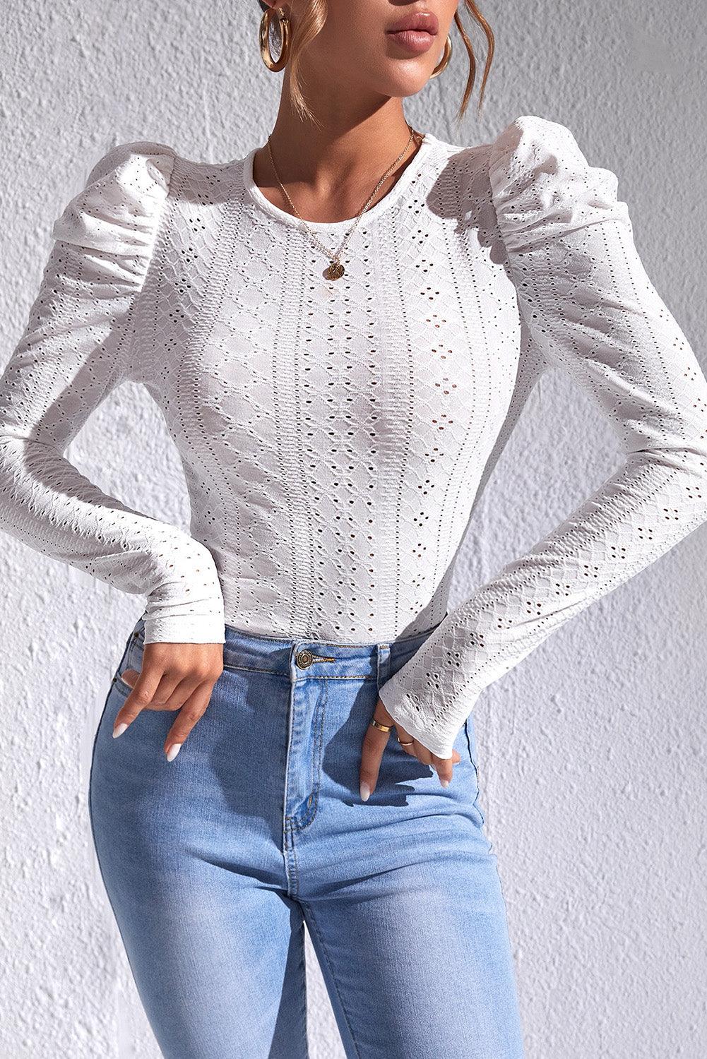 White Jacquard Textured Puff Sleeve O-Neck Top - L & M Kee, LLC