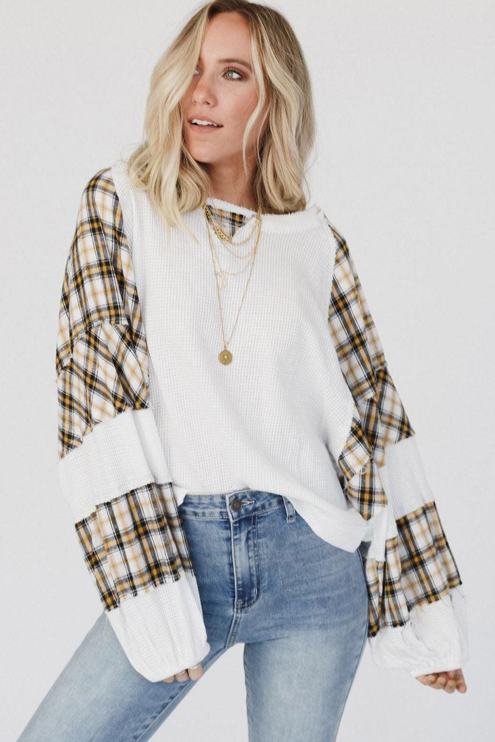 Green Plaid Patch Waffle Knit Exposed Seam Bubble Sleeve Top - L & M Kee, LLC