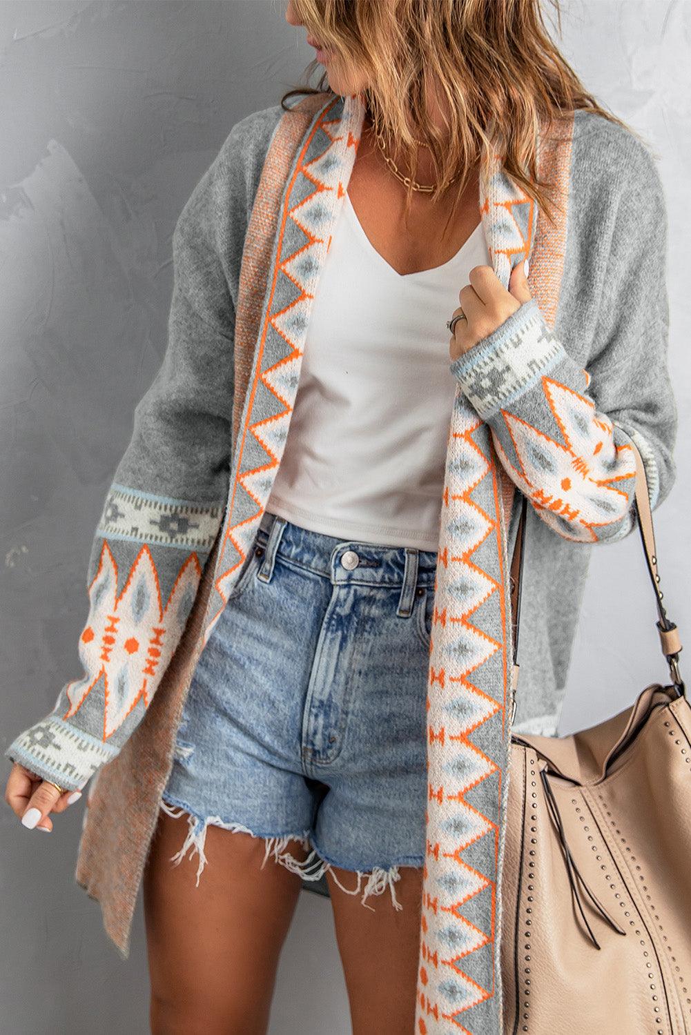 Orange Printed Aztec Print Open Front Knitted Cardigan - L & M Kee, LLC
