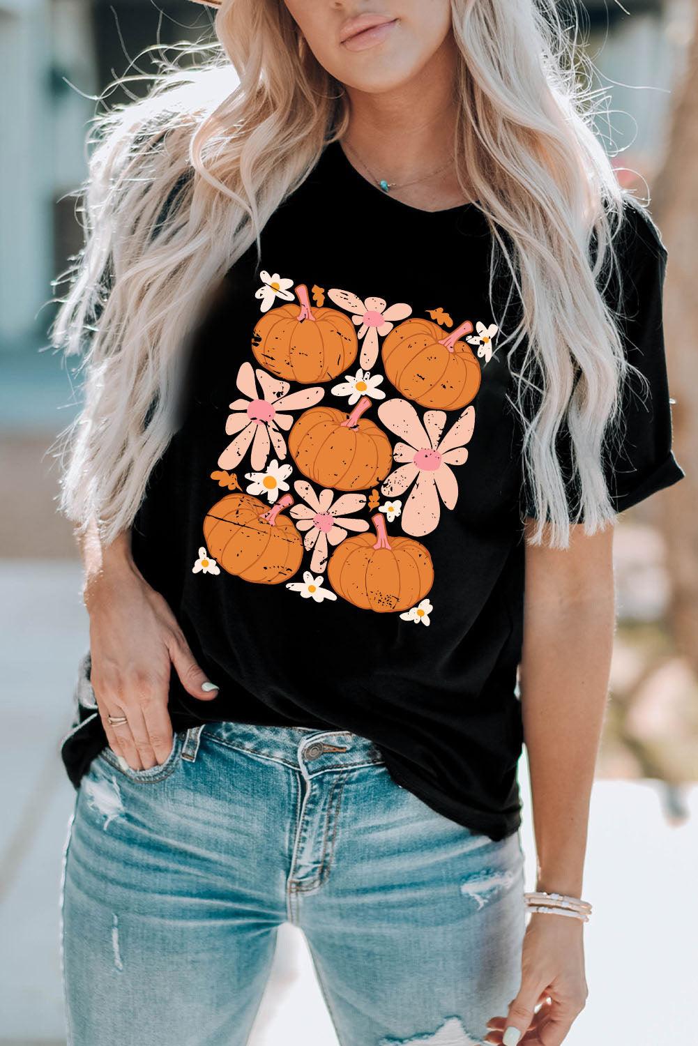 Black Pumpkin Flower Square Graphic Tee - L & M Kee, LLC