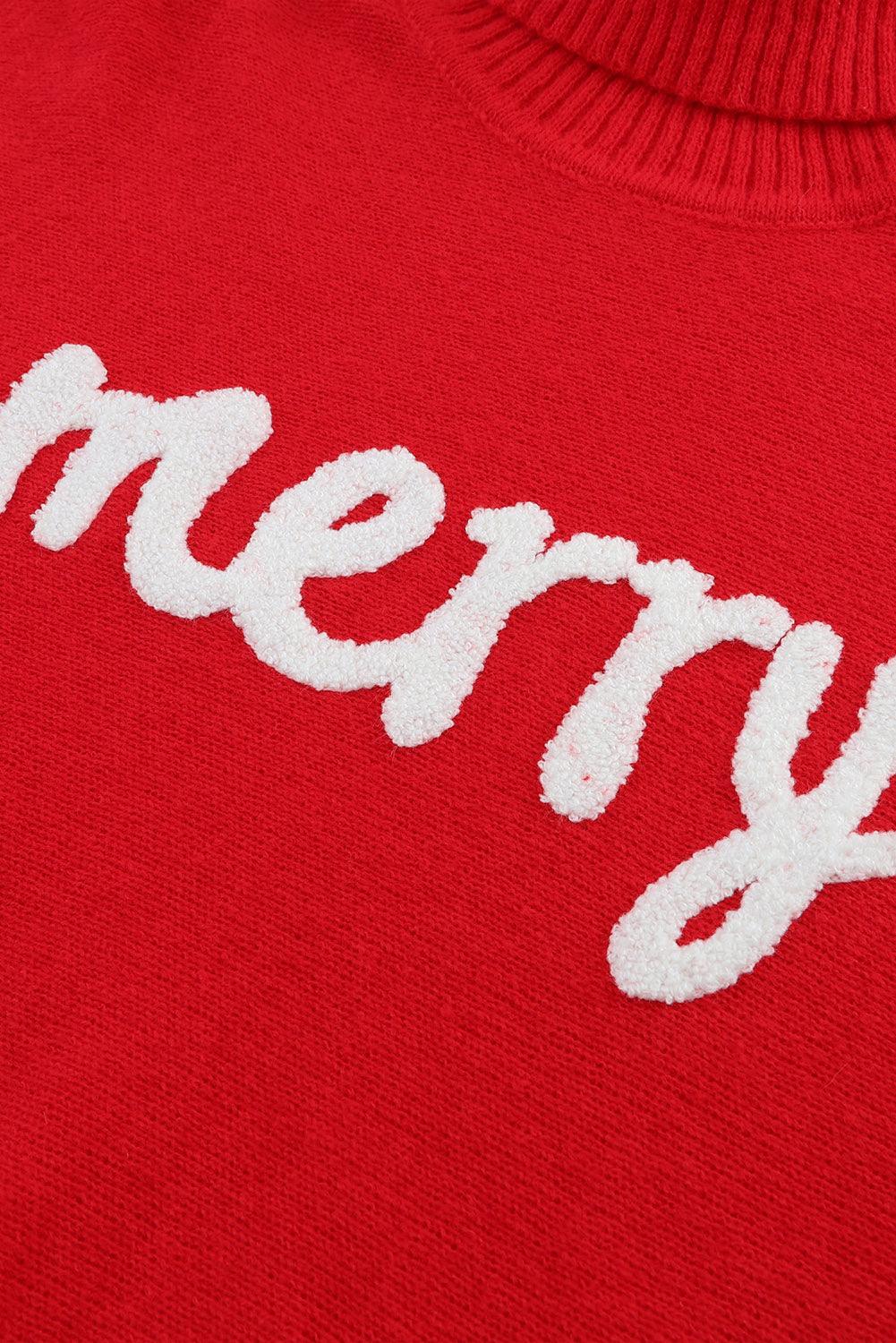 Red Merry Letter Embroidered High Neck Sweater - L & M Kee, LLC