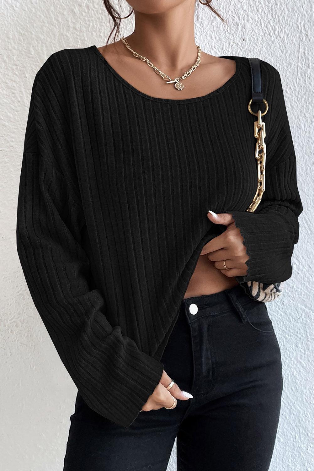 Black Lettuce Cuffs Drop Shoulder Loose Ribbed Knit Top - L & M Kee, LLC