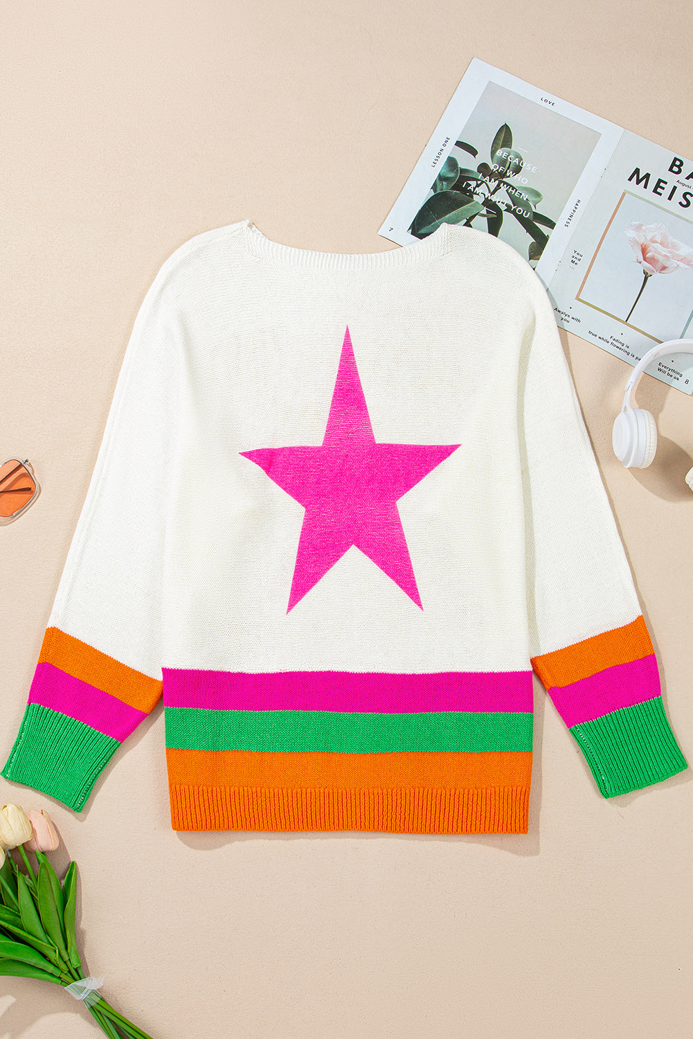 White Star Pattern Colorblock Striped Edge Drop Shoulder Sweater