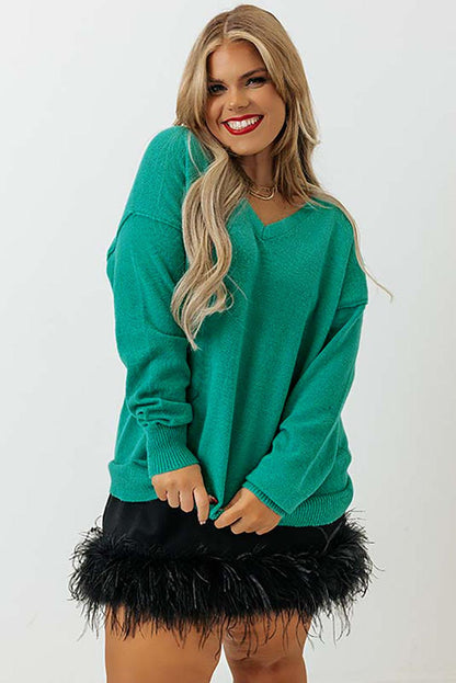 Plus Size Drop Shoulder V Neck Sweater - L & M Kee, LLC