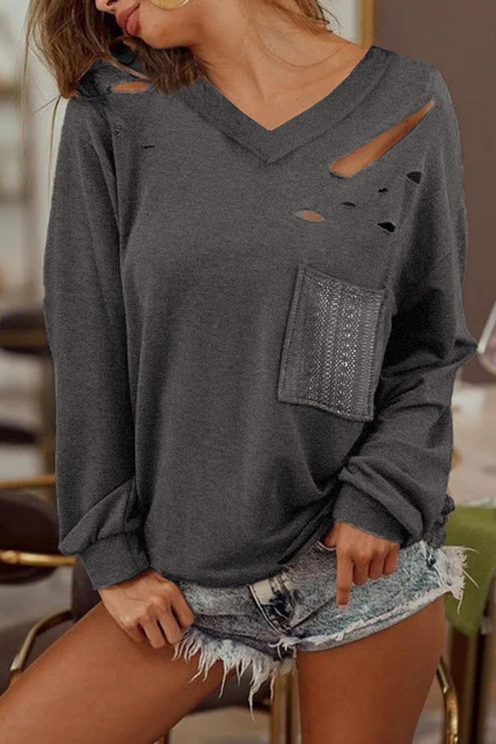 Gray Distressed V Neck Patch Pocket Long Sleeve Top - L & M Kee, LLC