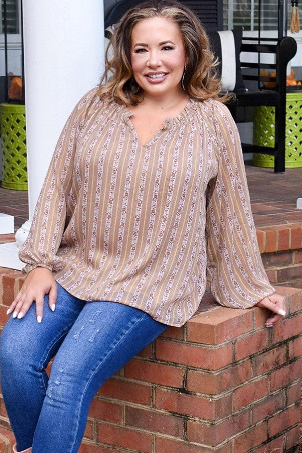 Plus Size Printed Split Neck Blouse - L & M Kee, LLC