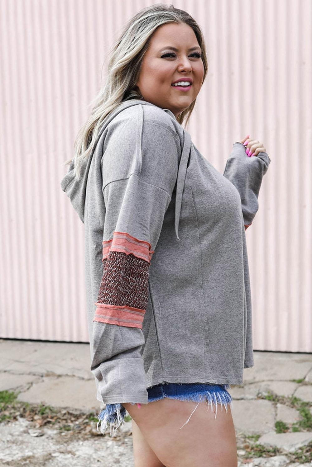 Gray Contrast Patched Sleeve Plus Size Hoodie - L & M Kee, LLC