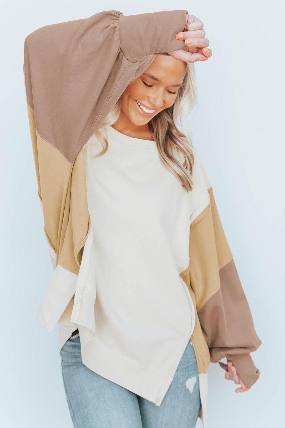 Khaki Color Block Sleeve Patchwork Oversized Sweatshirt - L & M Kee, LLC