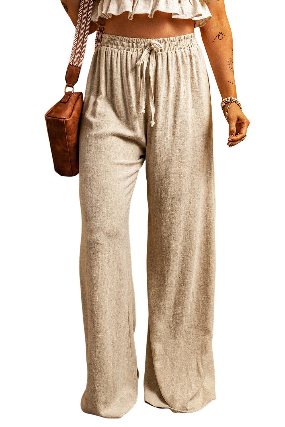 Apricot Lace-up Waist Floor Length Wide Leg Casual Pants - L & M Kee, LLC