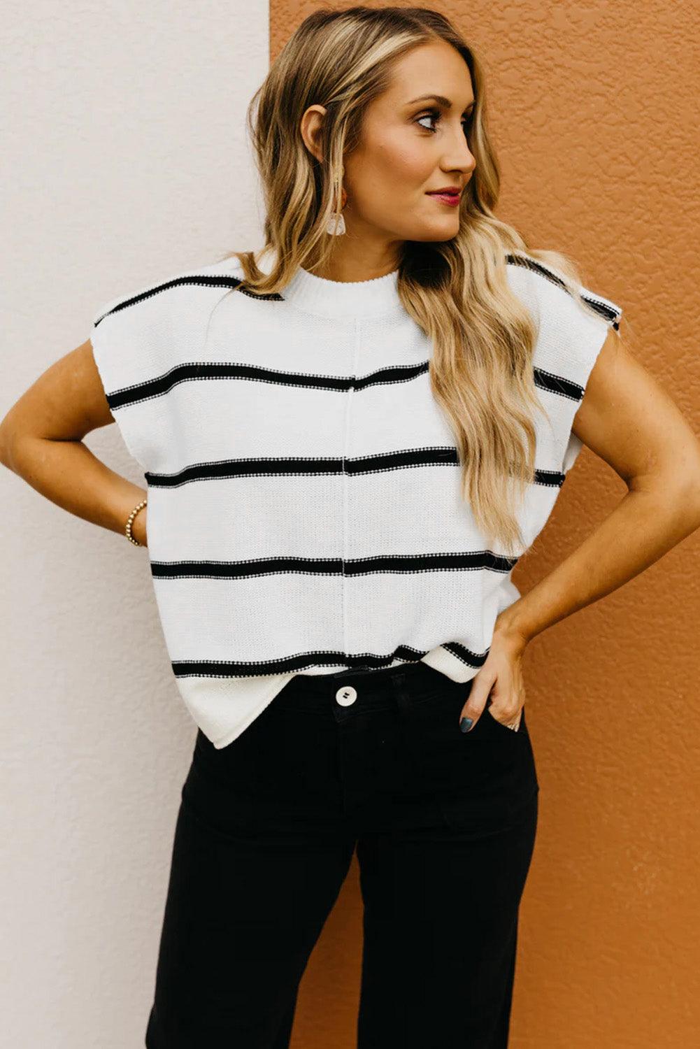 White Striped Batwing Sleeve Sweater Tee - L & M Kee, LLC