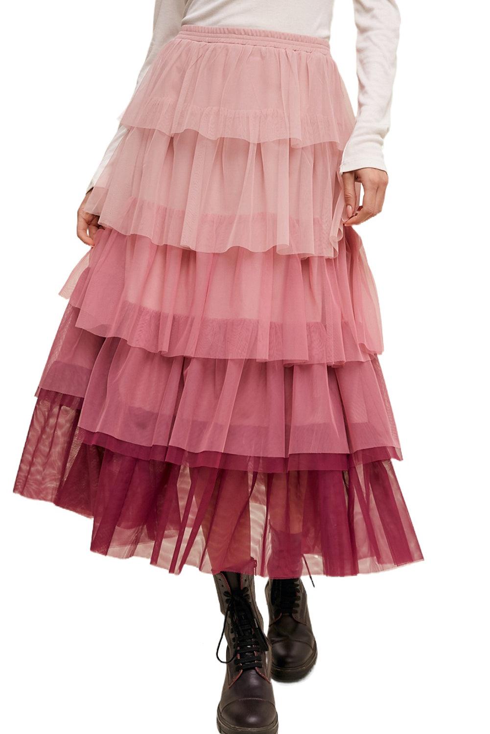 Pink Gradient Ruffle Tiered Mesh Maxi Skirt - L & M Kee, LLC